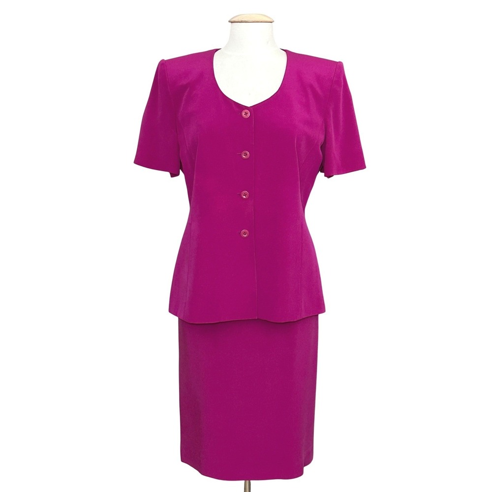 VTG 90s Preston & York Womens Suit 12 Fuchsia Pink 100% Silk 2 Piece Skirt Set